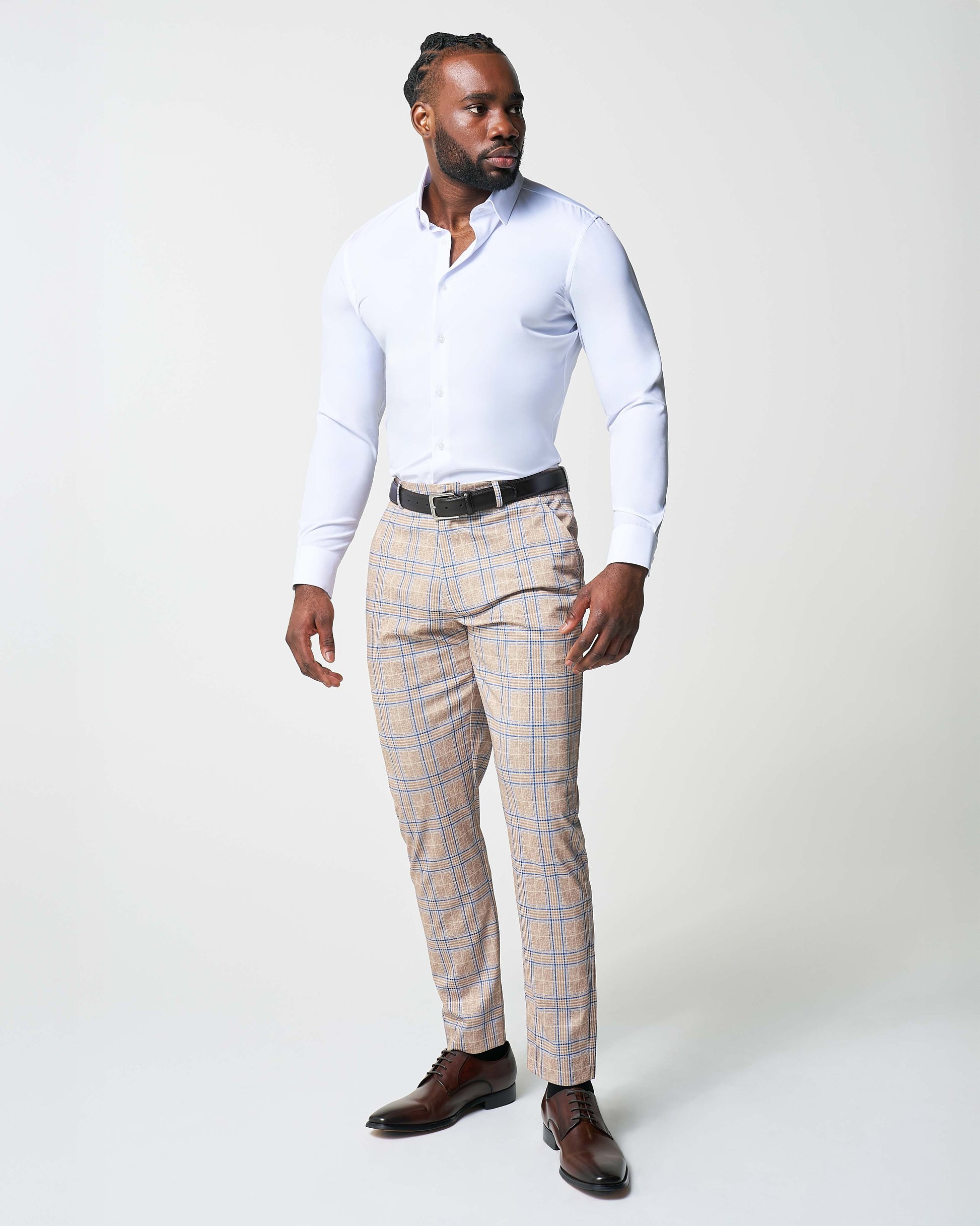State & Liberty Athletic Fit Stretch Suit - Tan and Blue Plaid