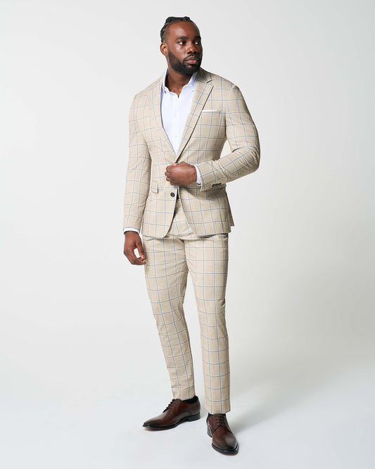 State & Liberty Athletic Fit Stretch Suit - Tan with Big Blue Windowpane