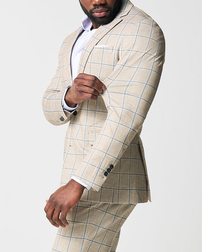 State & Liberty Athletic Fit Stretch Suit - Tan with Big Blue Windowpane
