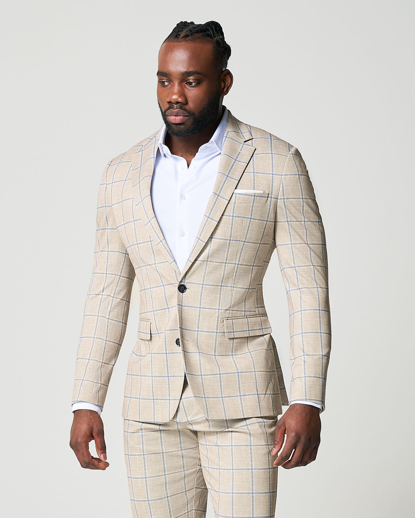 State & Liberty Athletic Fit Stretch Suit - Tan with Big Blue Windowpane