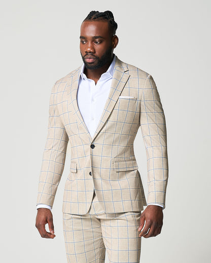 State & Liberty Athletic Fit Stretch Suit - Tan with Big Blue Windowpane