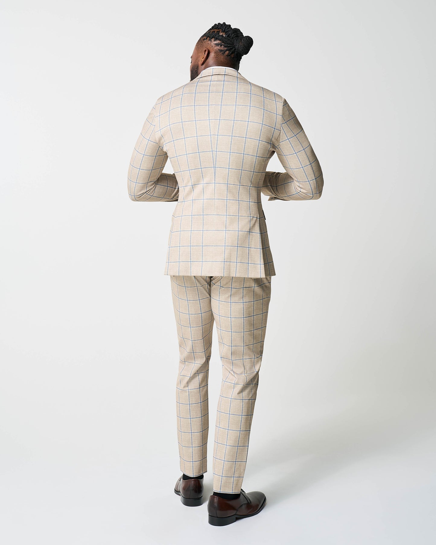 State & Liberty Athletic Fit Stretch Suit - Tan with Big Blue Windowpane