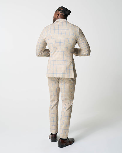 State & Liberty Athletic Fit Stretch Suit - Tan with Big Blue Windowpane