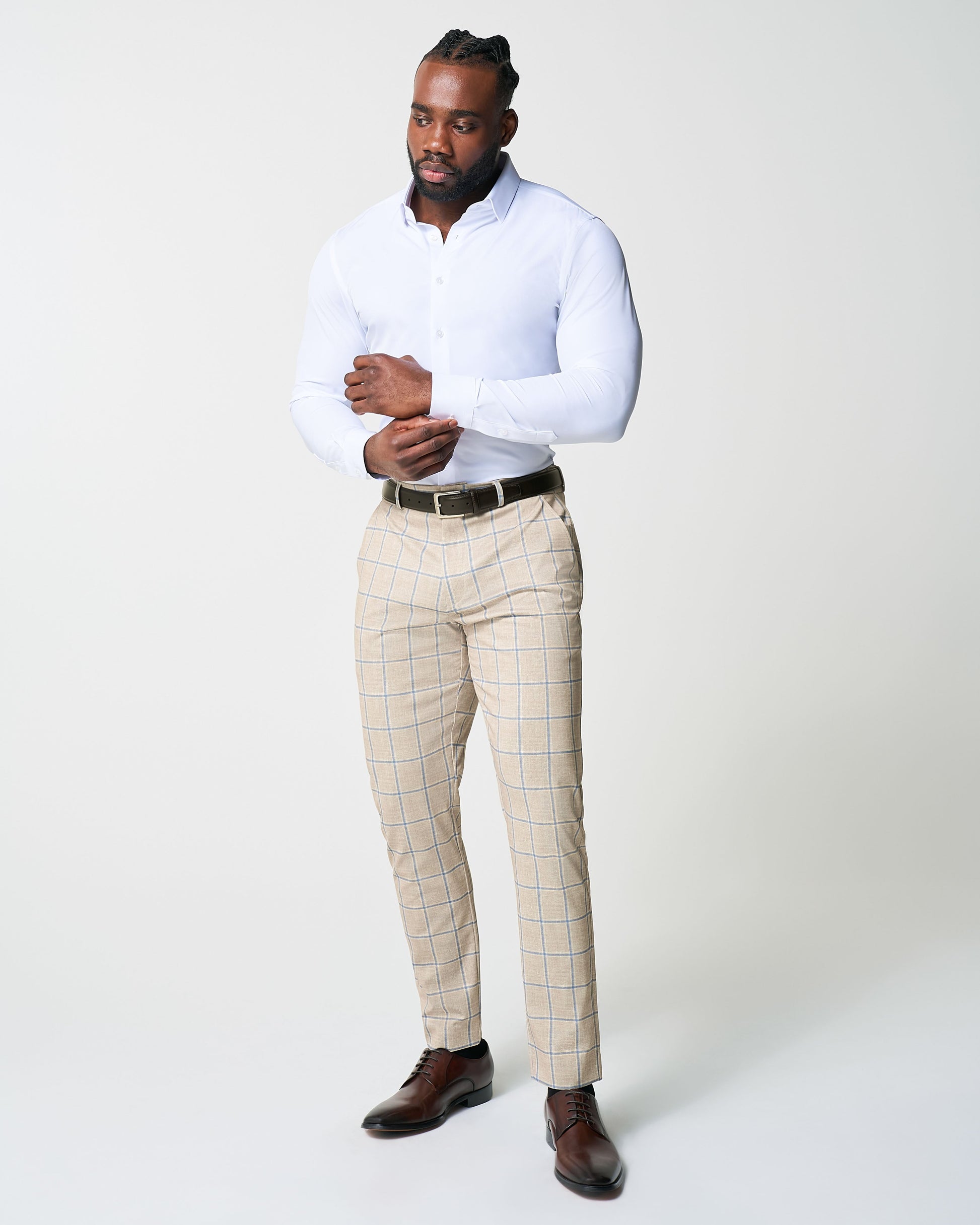 State & Liberty Athletic Fit Stretch Suit - Tan with Big Blue Windowpane