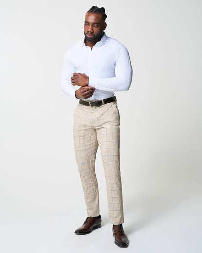 State & Liberty Athletic Fit Stretch Suit - Tan with Big Blue Windowpane