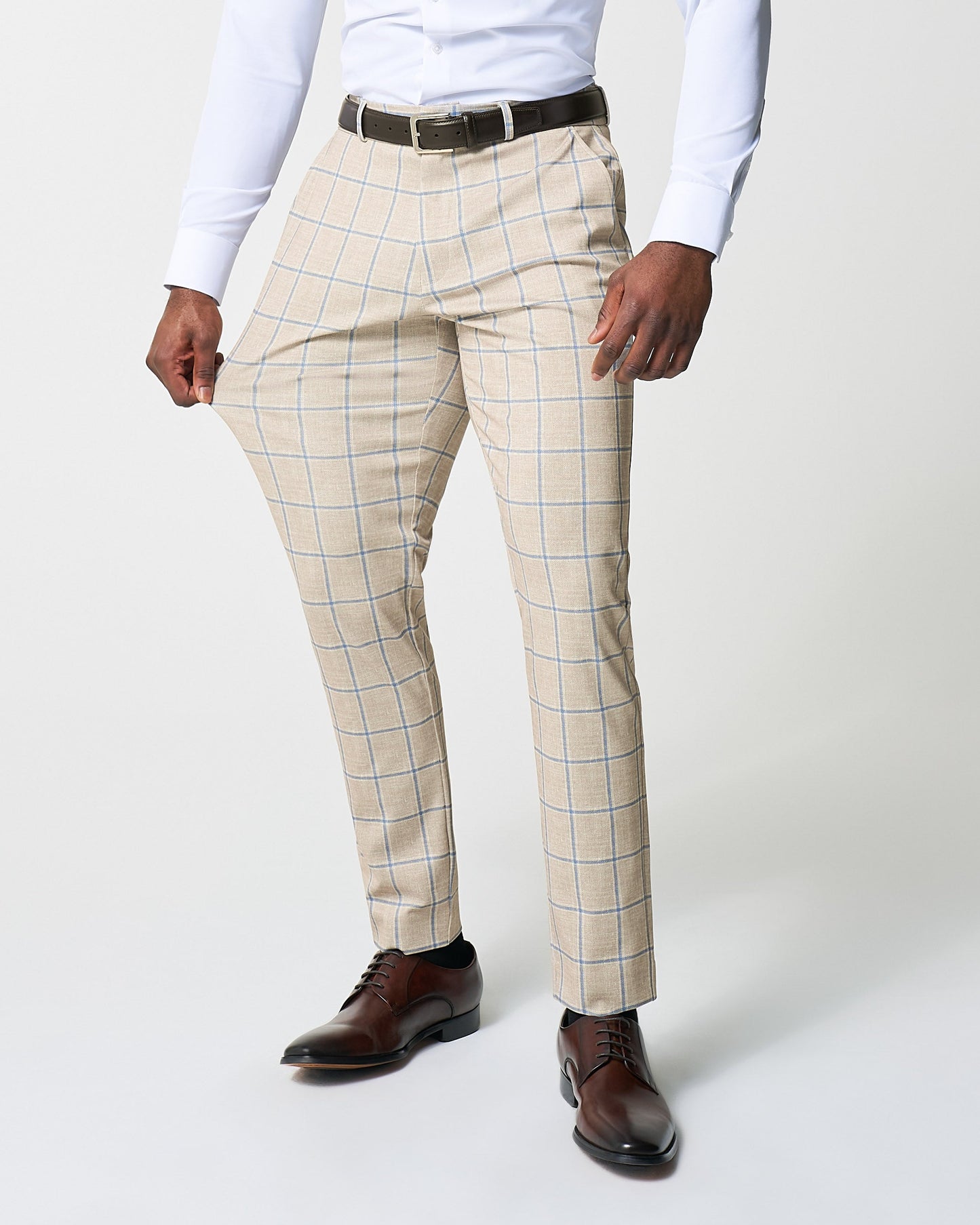State & Liberty Athletic Fit Stretch Suit - Tan with Big Blue Windowpane