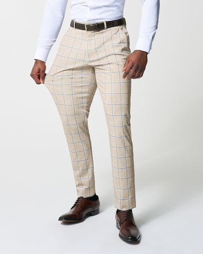 State & Liberty Athletic Fit Stretch Suit - Tan with Big Blue Windowpane