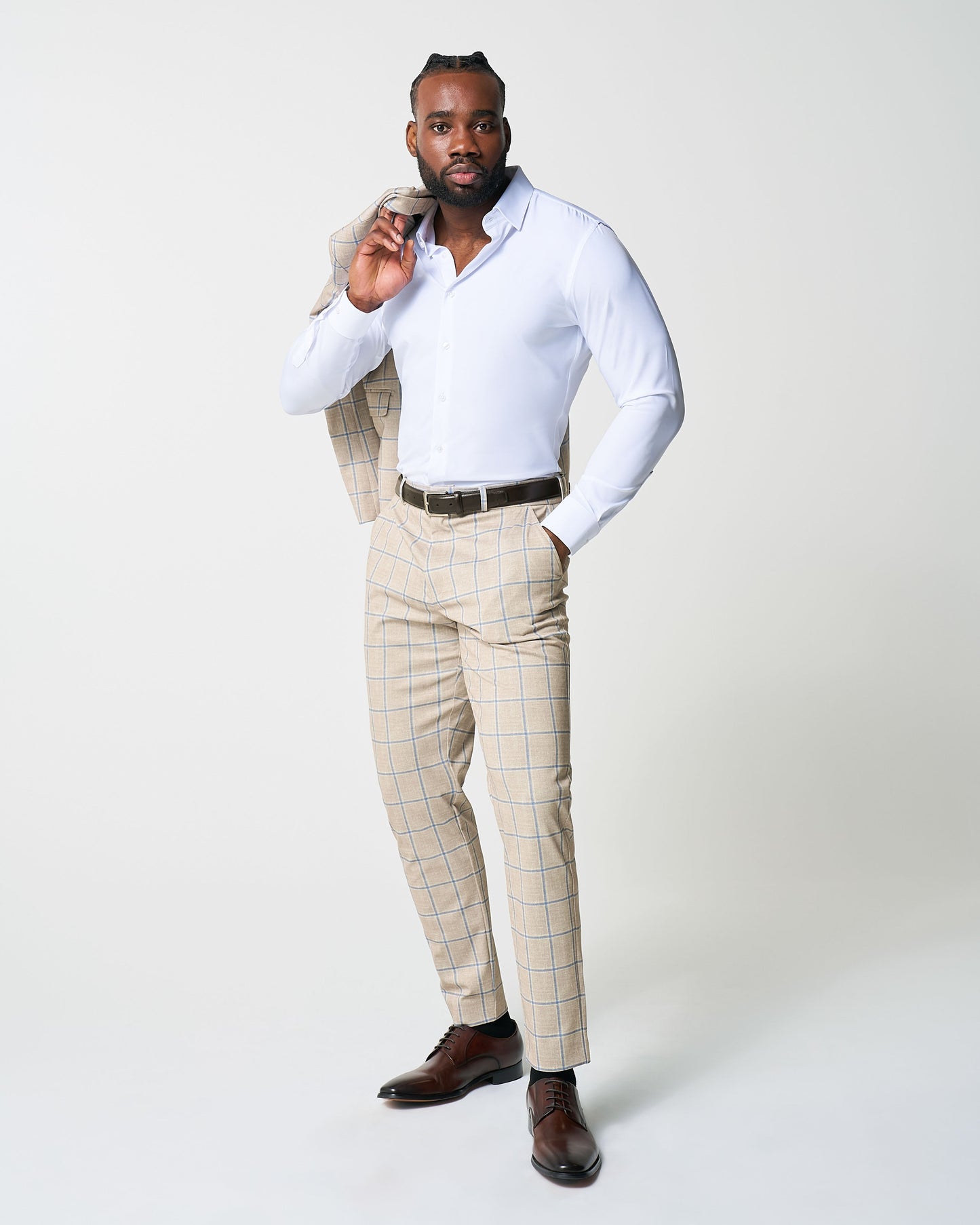 State & Liberty Athletic Fit Stretch Suit - Tan with Big Blue Windowpane