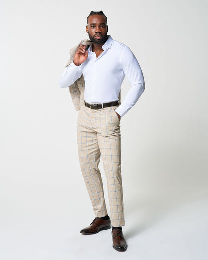 State & Liberty Athletic Fit Stretch Suit - Tan with Big Blue Windowpane
