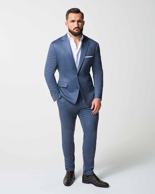 State & Liberty Athletic Fit Stretch Suit - Blue Mini Windowpane with Light Grey Micro