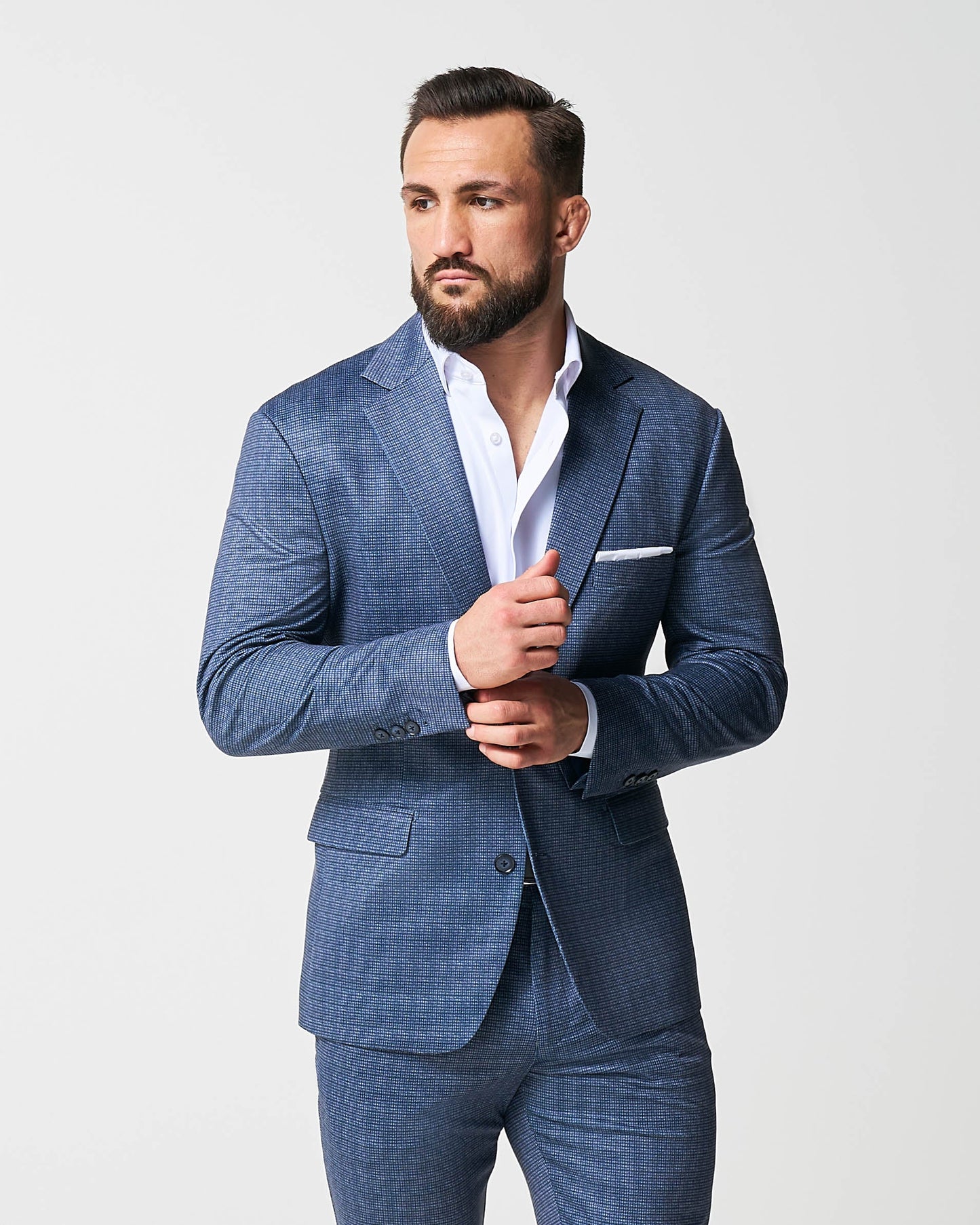 State & Liberty Athletic Fit Stretch Suit - Blue Mini Windowpane with Light Grey Micro